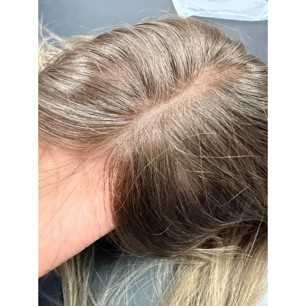 Human Hair Topper 18in Brown Blonde Highlights Clip In Hairpiece NEW